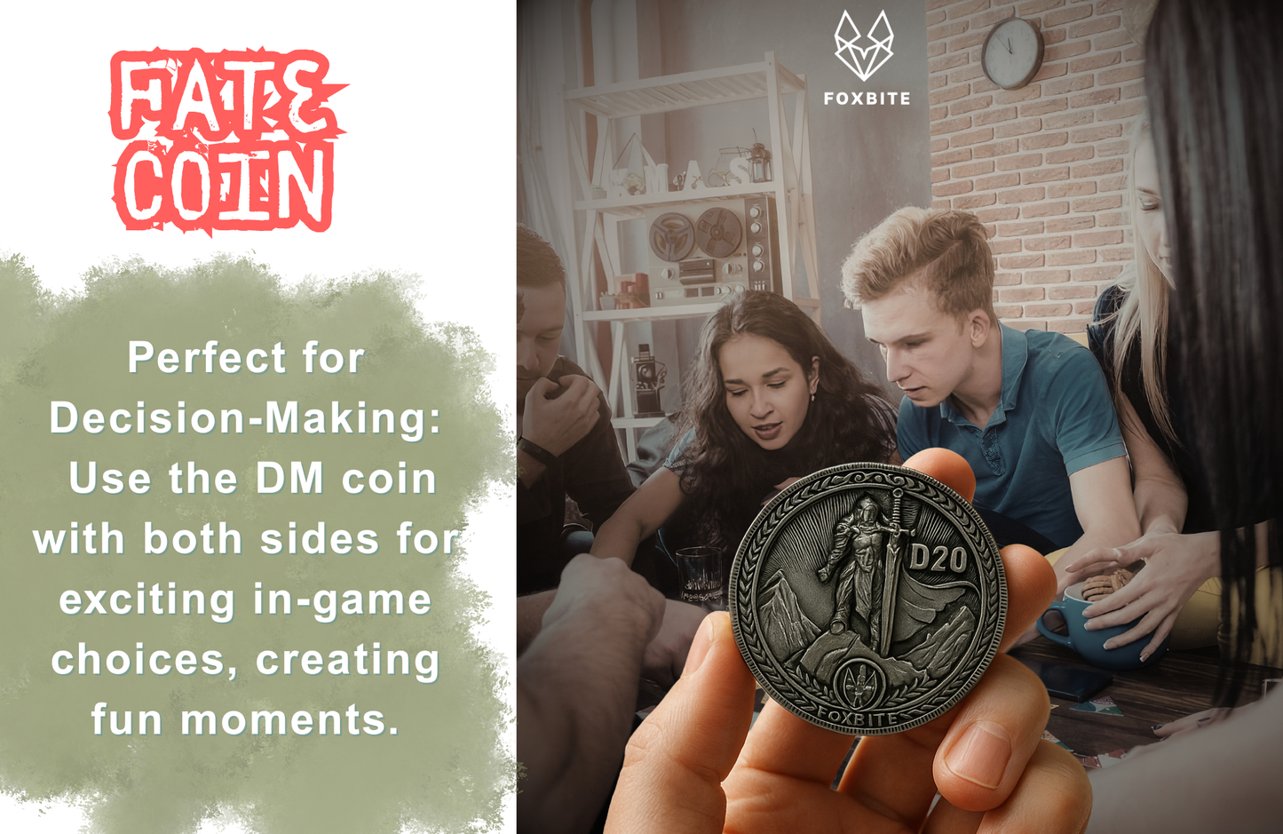 DM coin held by a person with text about decision-making and gaming.