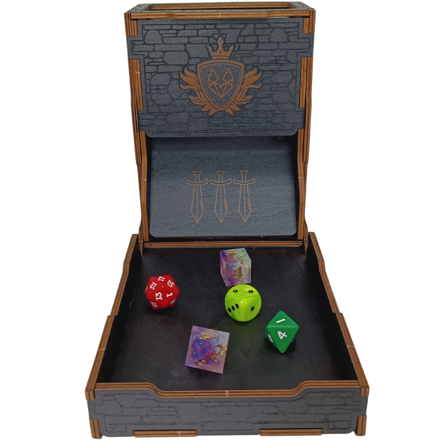 Torre de dados para mazmorras y dragones: dados de madera plegables y portátiles con bandeja