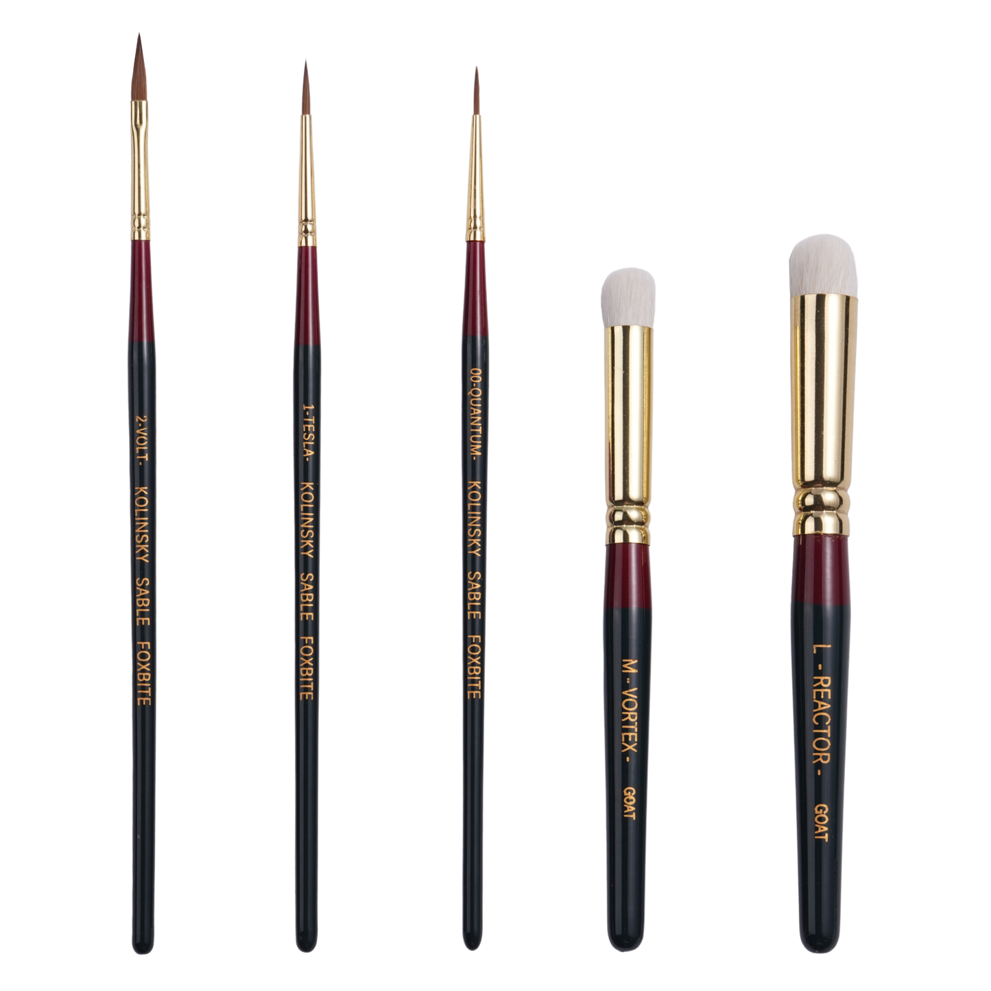 FOXBITE x El Miniaturista Juan Sanz Signature Brush Set. Five essential brushes designed for miniature painting, combining Kolinsky sable rounds, a precision arrow tip, and goat hair drybrushes for full workflow control