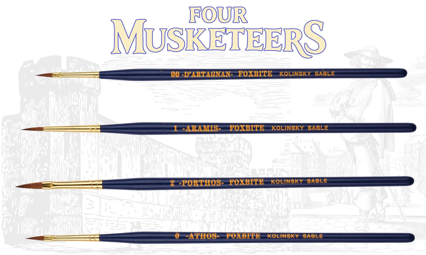 Cuatro Mosqueteros FOXBITE Juego de Pinceles Kolinsky Sable para Pintar Miniaturas Piezas de Modelismo Pincel de Pintura de Detalles Finos Kit de Pintura en Miniatura Mini Pinturas Acrílicas para Warhammer