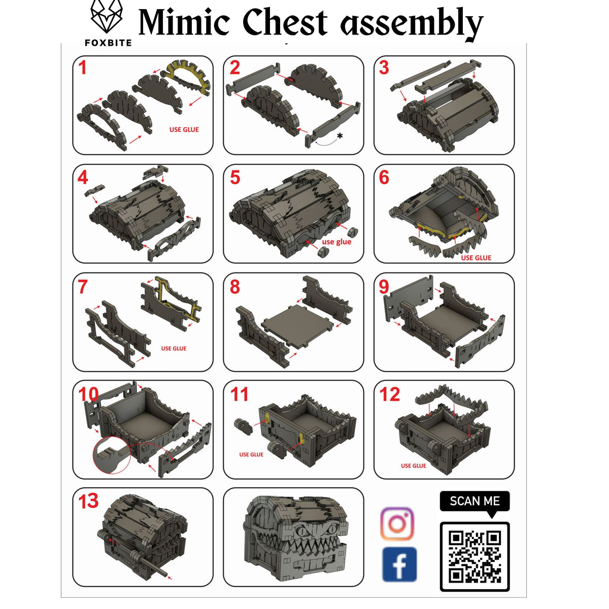 FOXBITE Mimic Chest DIY assembly instructions – 13-step build guide for wooden D&D dice organizer