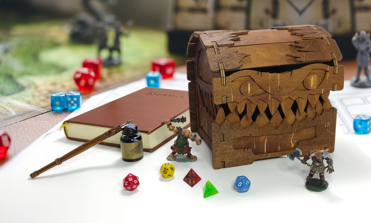 FOXBITE Mimic Chest three views open and closed – must-have D&D dice organizer for Dungeon Masters and players

