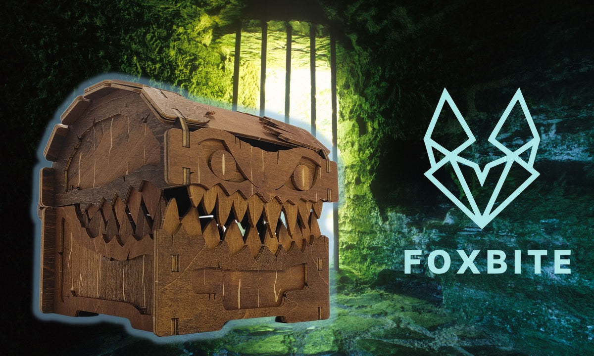 FOXBITE Mimic Chest closed and open views – wooden laser-etched D&D monster dice box organizer