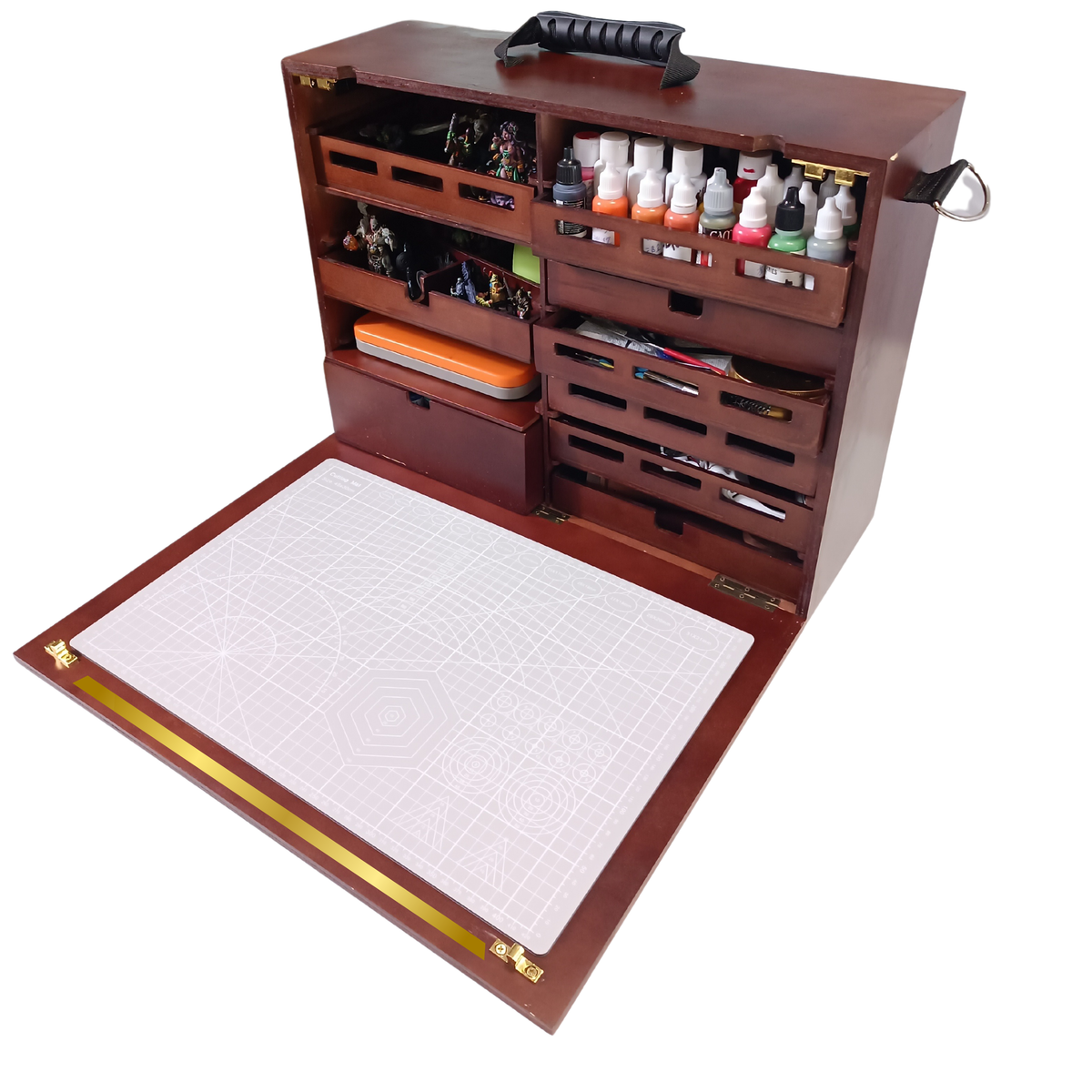 FOXBITE Woodcraft painting box open showing paint storage drawers and brush holder – Warhammer and D&D hobby organizer