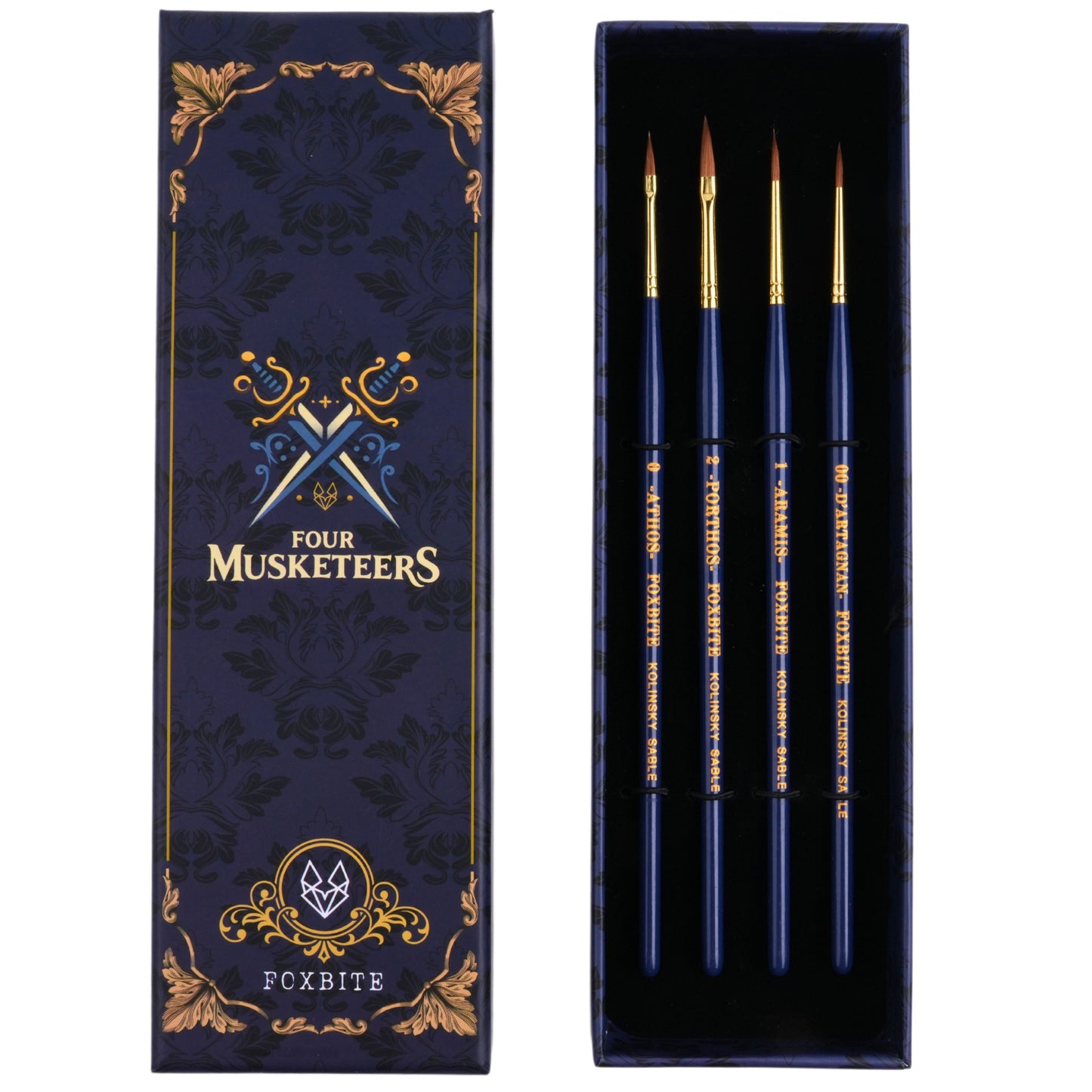 FOXBITE Kolinsky Sable brushes arranged neatly, highlighting their premium quality and smooth finish, perfect for professional miniature painting.