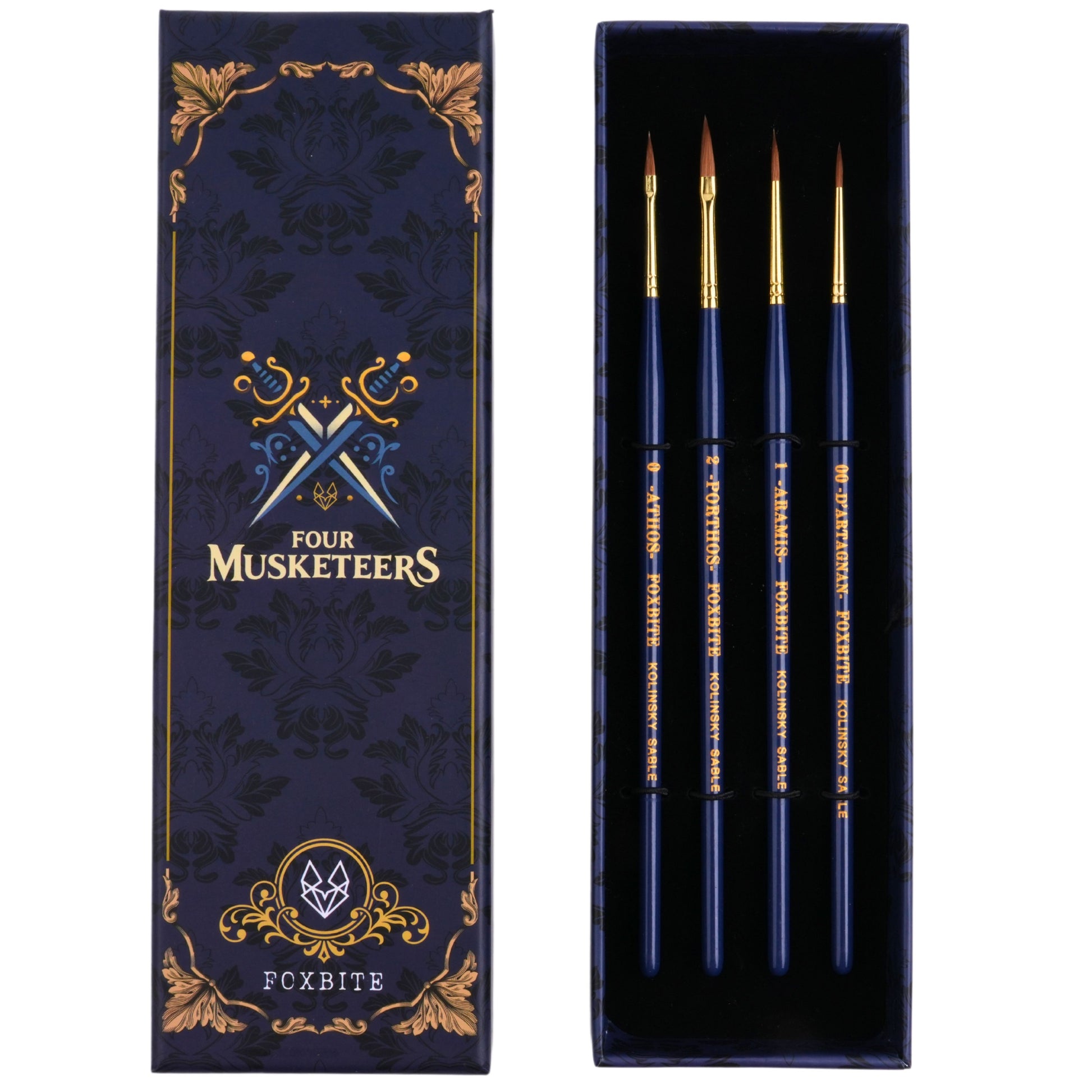FOXBITE Kolinsky Sable brushes arranged neatly, highlighting their premium quality and smooth finish, perfect for professional miniature painting.