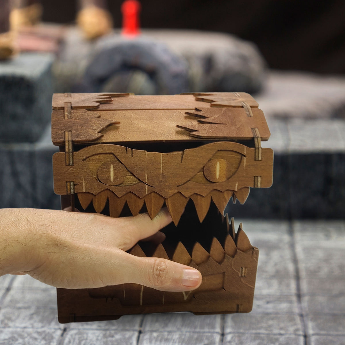 FOXBITE Mimic Chest wooden D&D dice organizer – laser-etched monster chest with open jaws on tabletop

