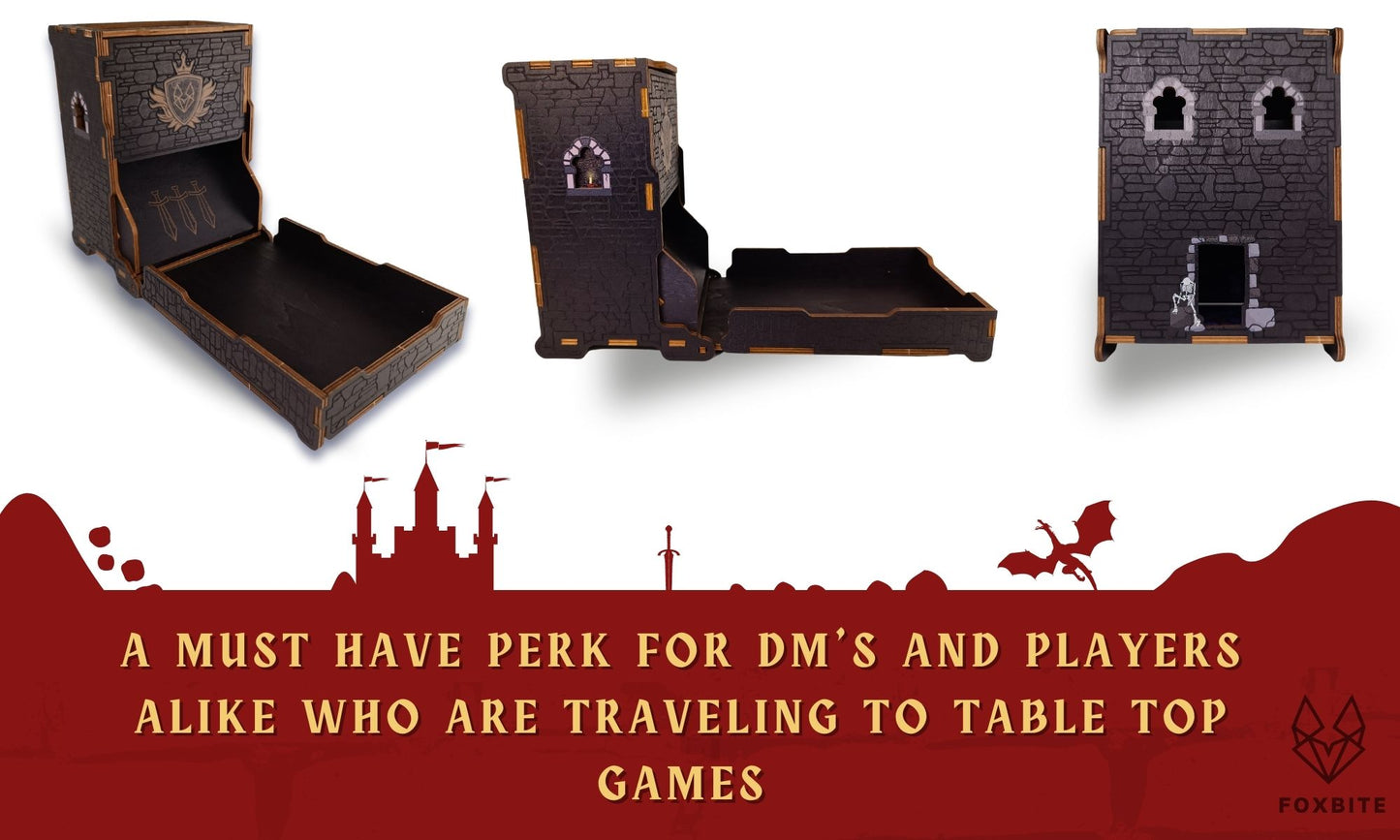 Torre de dados para mazmorras y dragones: dados de madera plegables y portátiles con bandeja