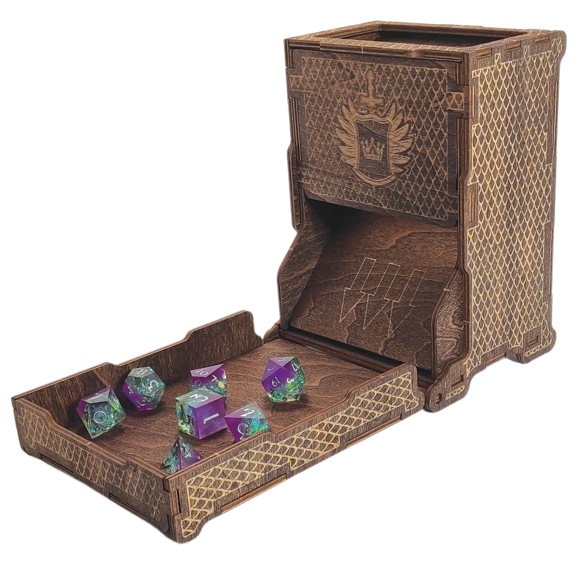 Dice Tower for Dungeons and Dragons - Wooden Laser-Etched DND Dice Roller, Portable & Collapsible with Tray