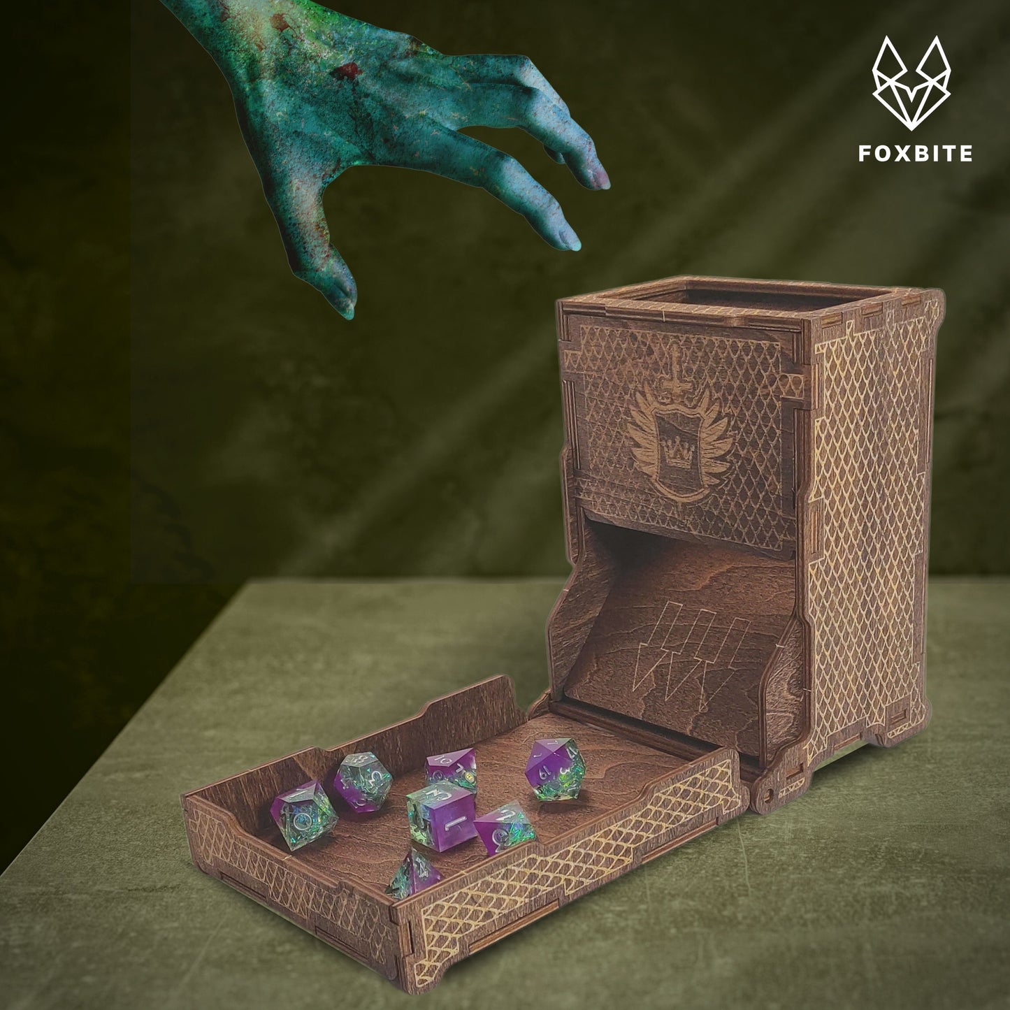 Dice Tower for Dungeons and Dragons - Wooden Laser-Etched DND Dice Roller, Portable & Collapsible with Tray