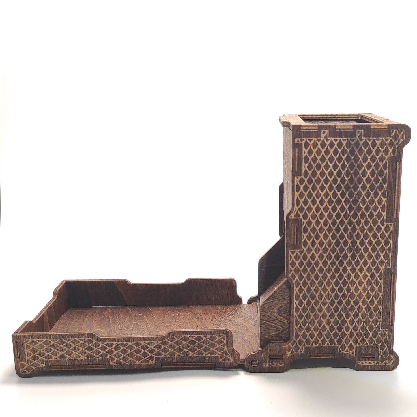 Dice Tower for Dungeons and Dragons - Wooden Laser-Etched DND Dice Roller, Portable & Collapsible with Tray
