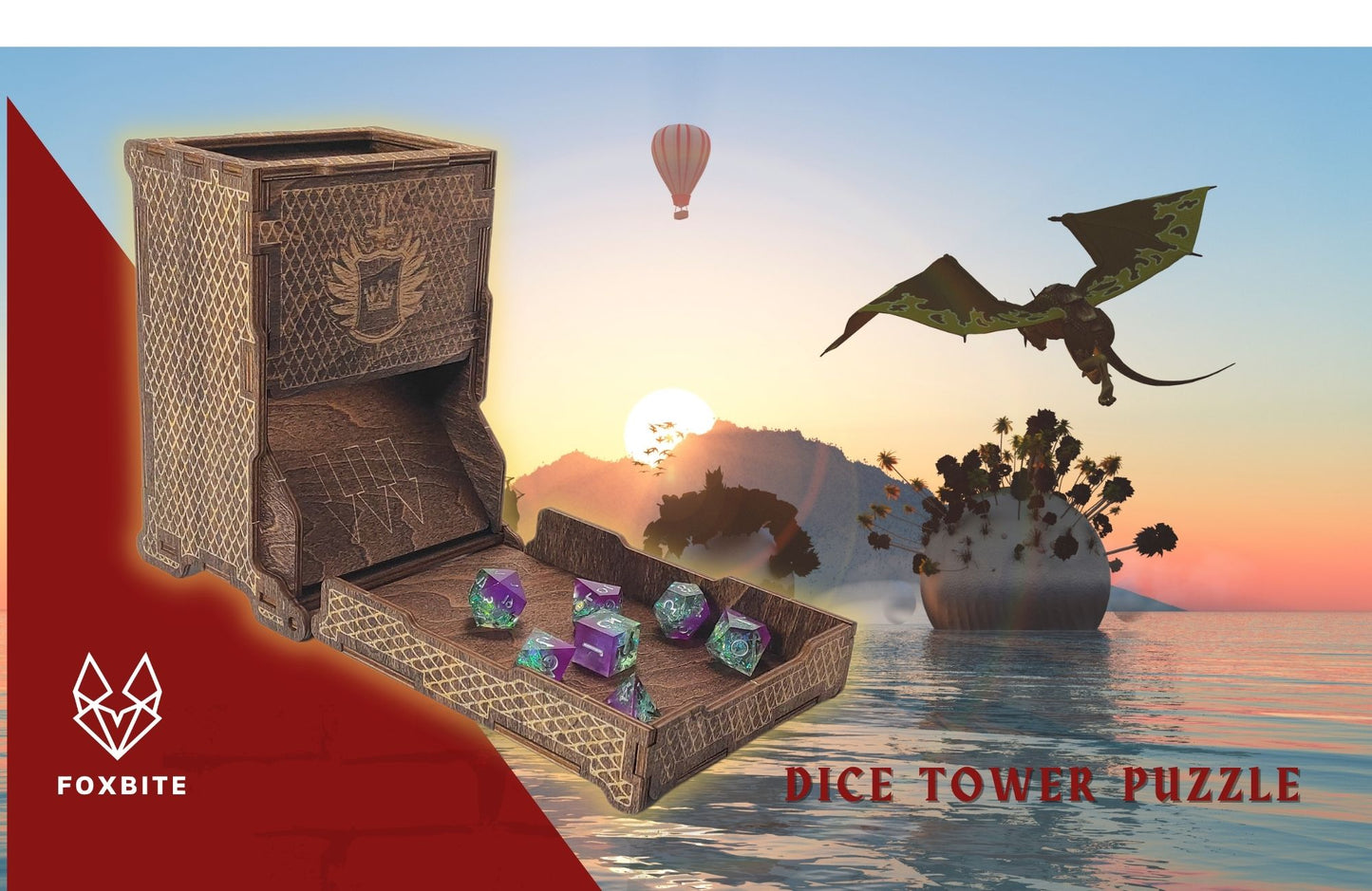Dice Tower for Dungeons and Dragons - Wooden Laser-Etched DND Dice Roller, Portable & Collapsible with Tray