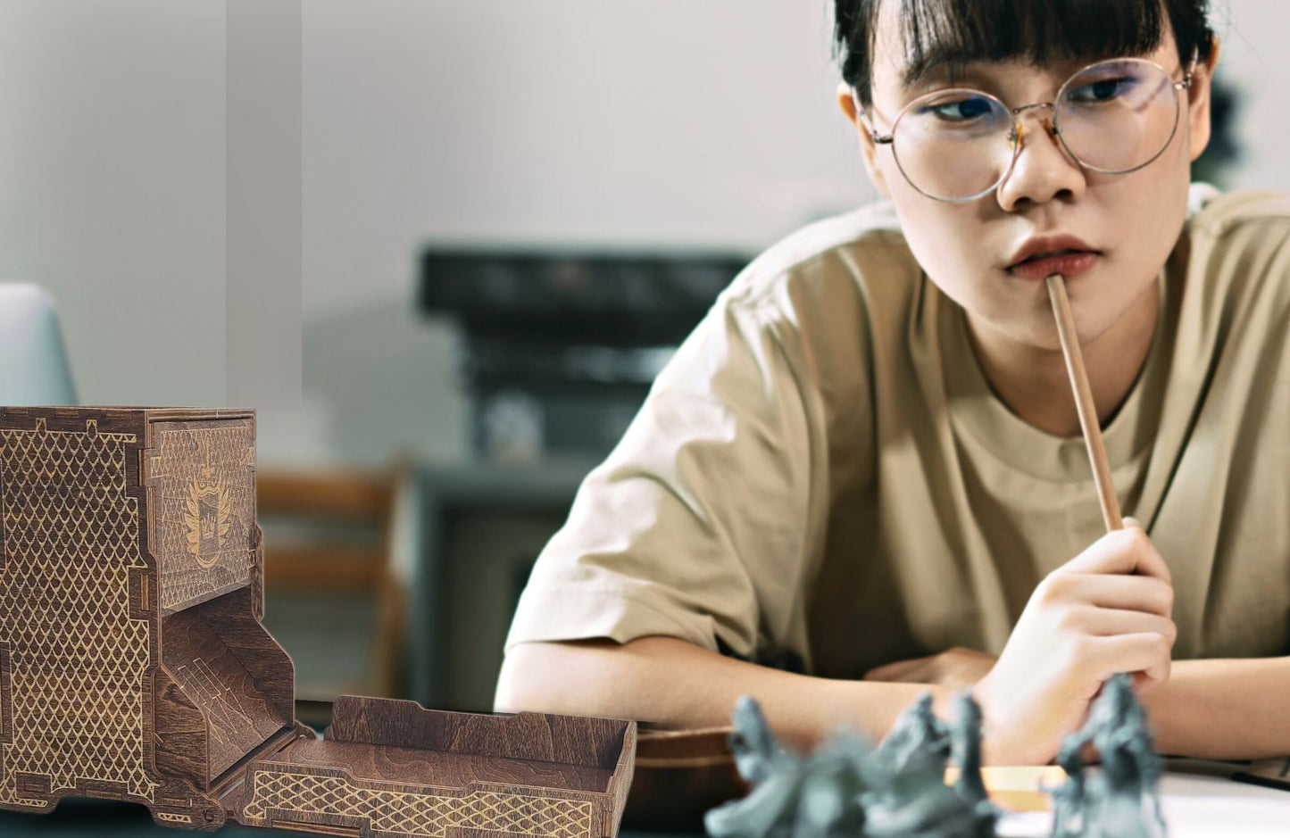 Dice Tower for Dungeons and Dragons - Wooden Laser-Etched DND Dice Roller, Portable & Collapsible with Tray