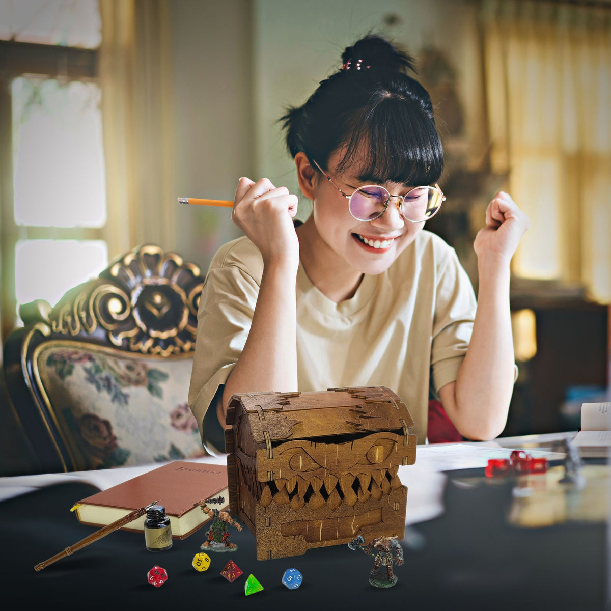 FOXBITE Mimic Chest D&D organizer with polyhedral dice and miniatures – perfect gift for tabletop RPG players

