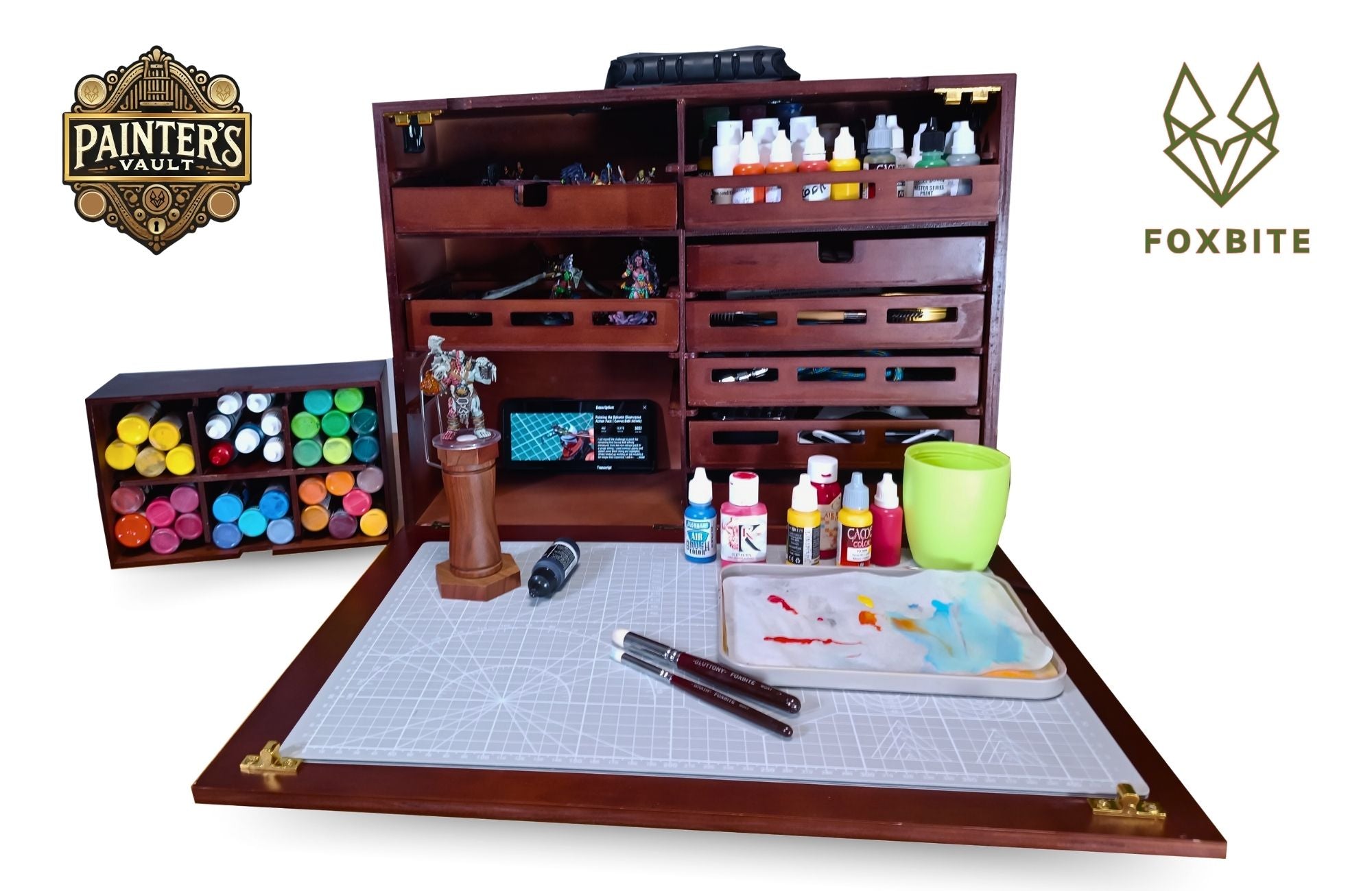 FOXBITE Woodcraft Miniature Painting Box – Handcrafted Wooden Organize